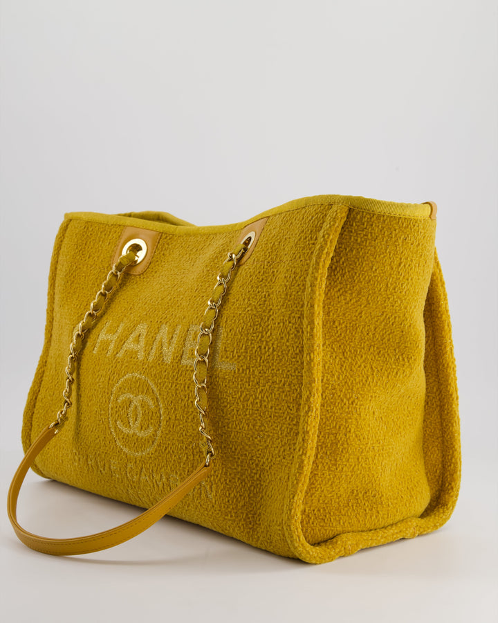 *HOT* Top Quality Chanel Mustard Yellow Small Deauville Tote Bag in Velvet Tweed with Champagne Gold Hardware