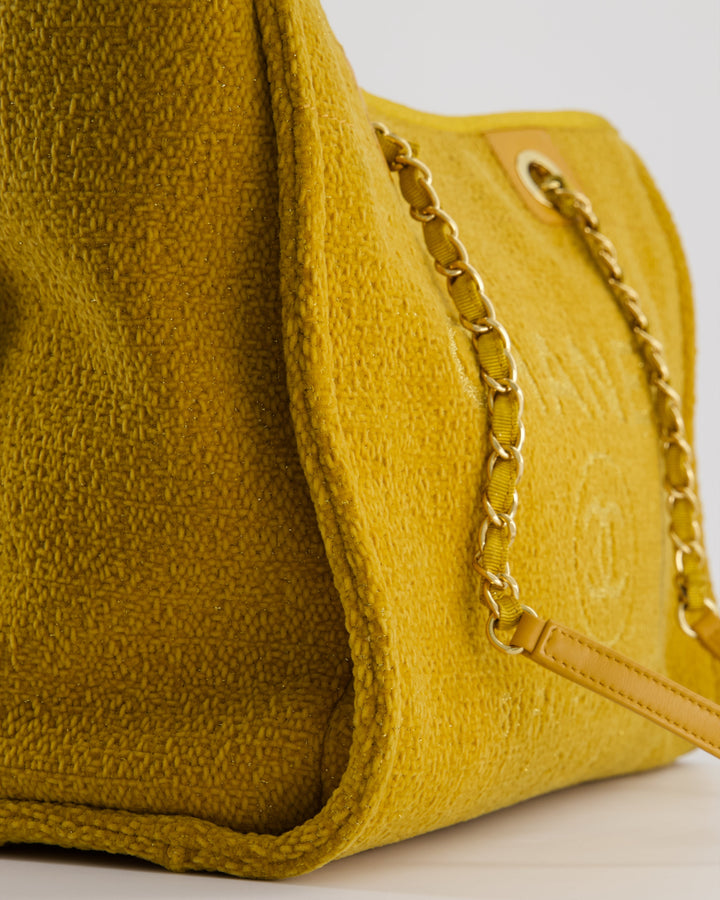 *HOT* Top Quality Chanel Mustard Yellow Small Deauville Tote Bag in Velvet Tweed with Champagne Gold Hardware