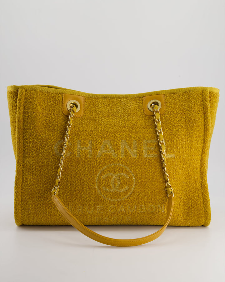 *HOT* Top Quality Chanel Mustard Yellow Small Deauville Tote Bag in Velvet Tweed with Champagne Gold Hardware