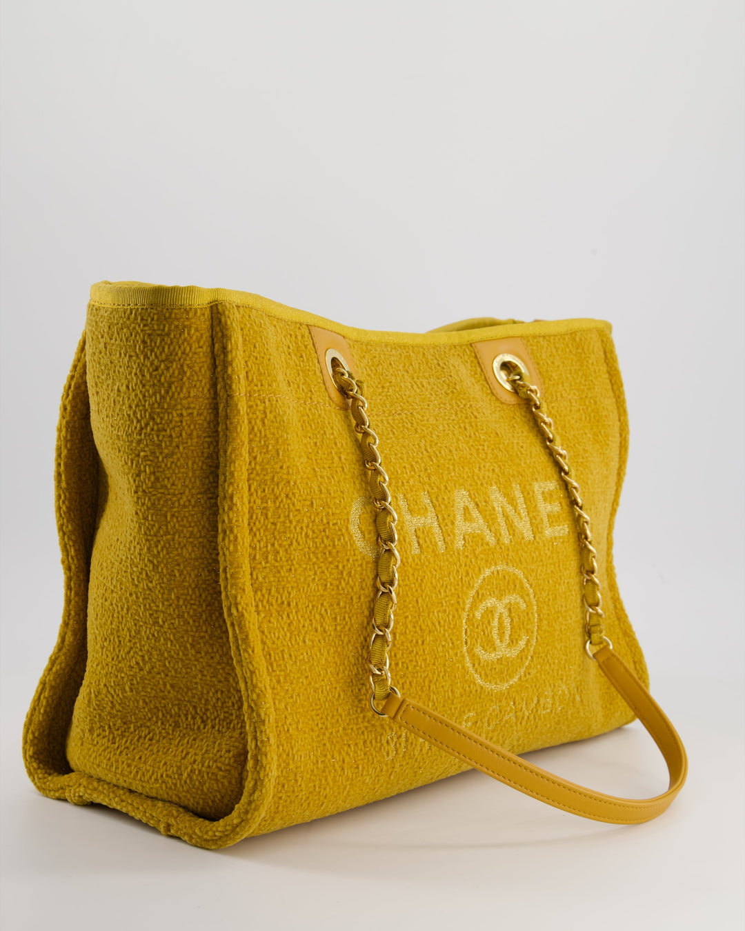 *HOT* Top Quality Chanel Mustard Yellow Small Deauville Tote Bag in Velvet Tweed with Champagne Gold Hardware