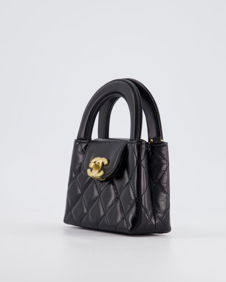 *HOT & RARE* Top Quality Chanel Black Nano Kelly Shopping Bag in Calfskin Leather with Brushed Antique Gold Hardware