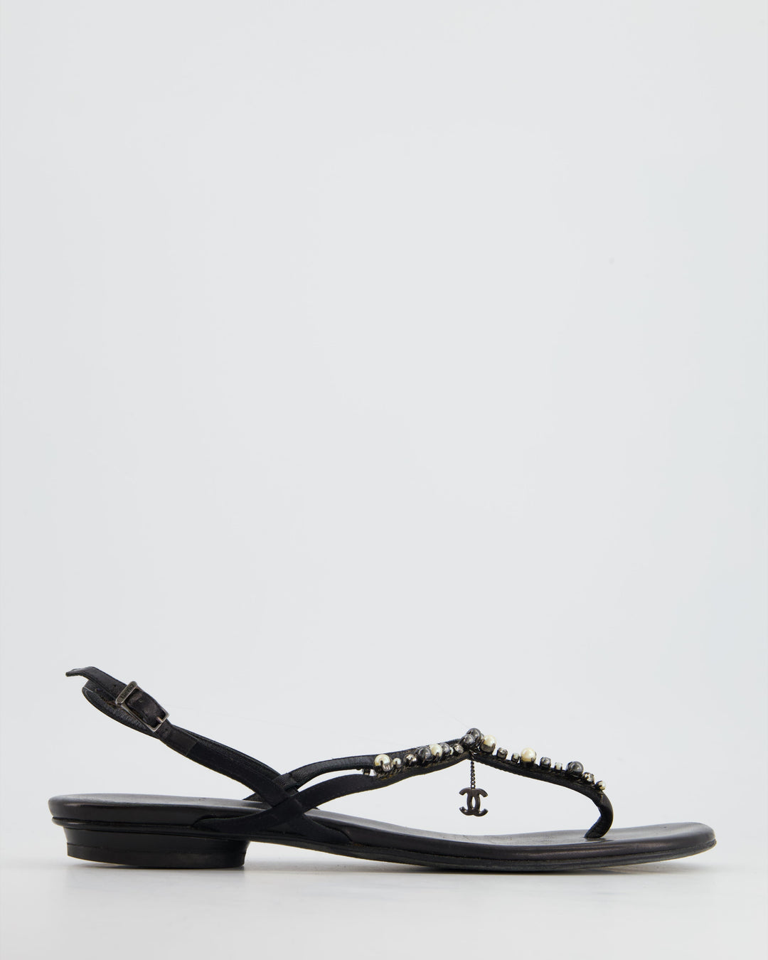 Top Quality Chanel Black Embellished Leather Ankle Strap Sandals with CC Charm Detail Size EU 41