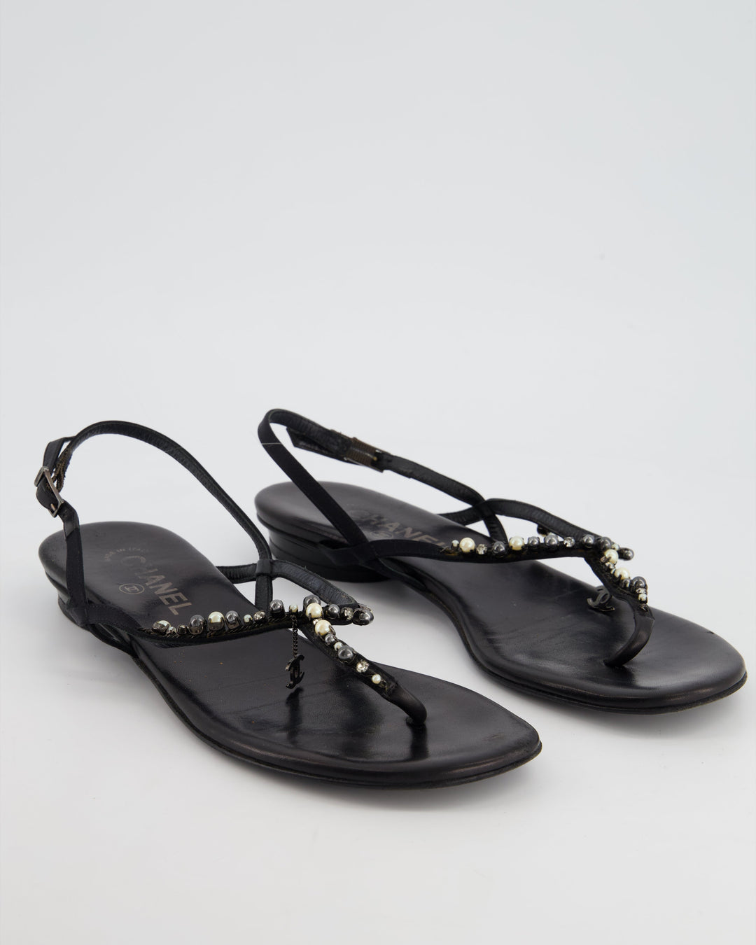 Top Quality Chanel Black Embellished Leather Ankle Strap Sandals with CC Charm Detail Size EU 41