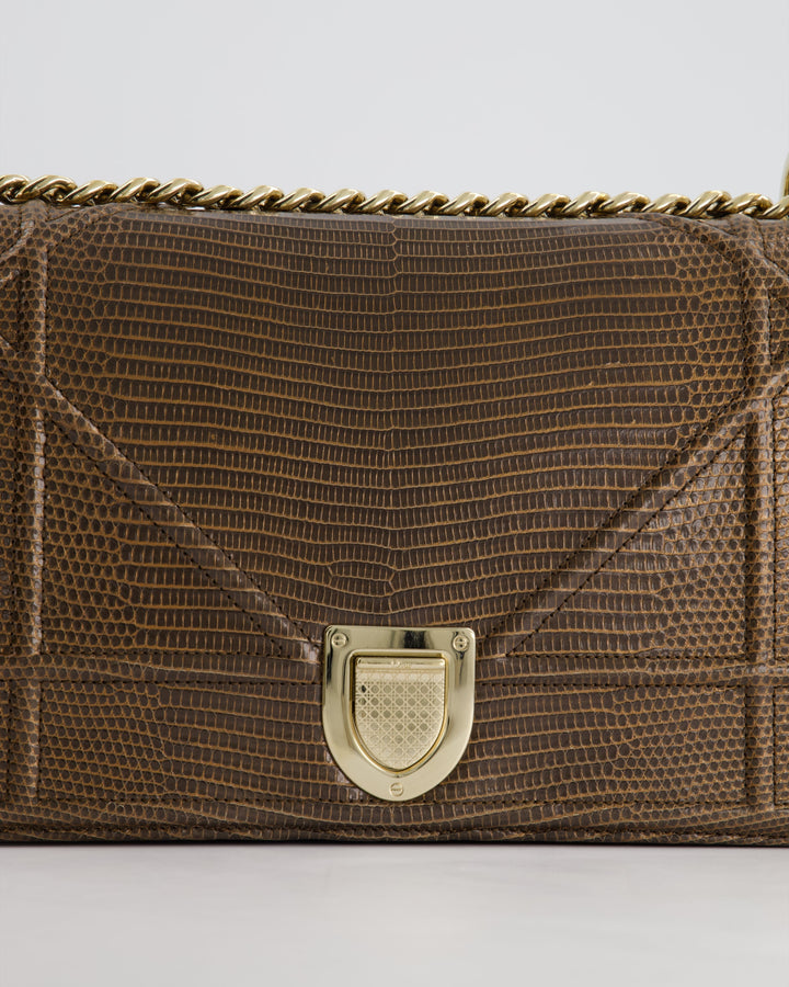 *RARE* Christian Top quality Dior Brown Medium Top quality Diorama Bag in Lizard Leather with Champagne Gold Hardware