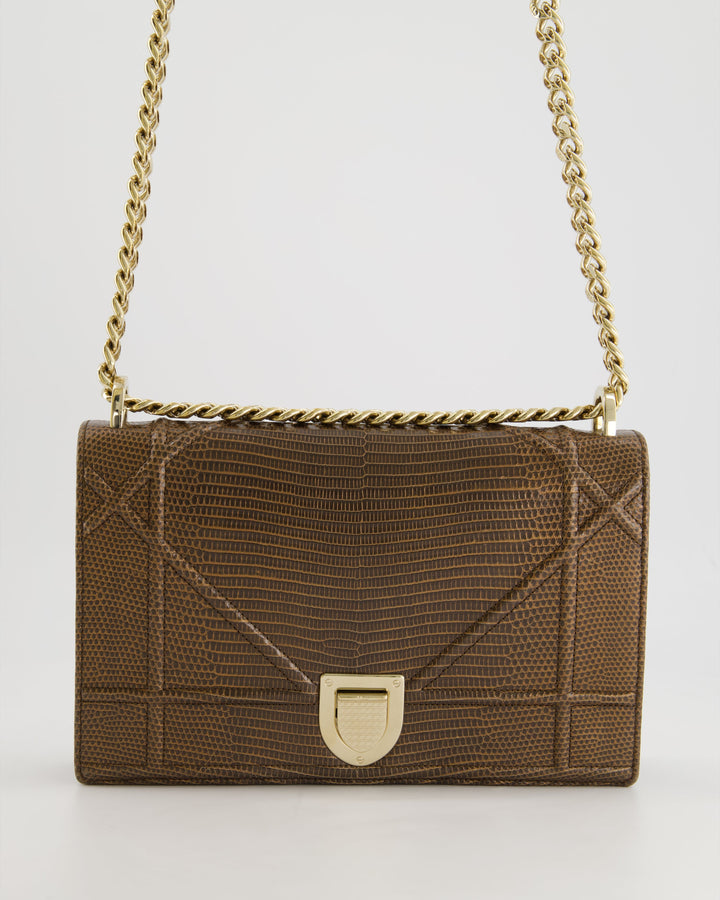 *RARE* Christian Top quality Dior Brown Medium Top quality Diorama Bag in Lizard Leather with Champagne Gold Hardware