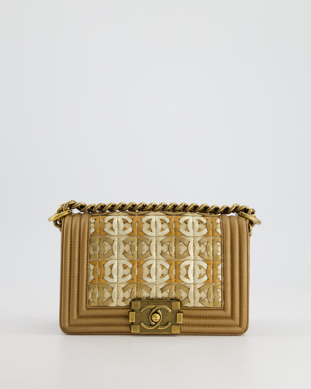 *LIMITED EDITION* Top Quality Chanel Gold Metallic Small Boy Bag In Calfskin Leather with Antique Gold Hardware CC Details