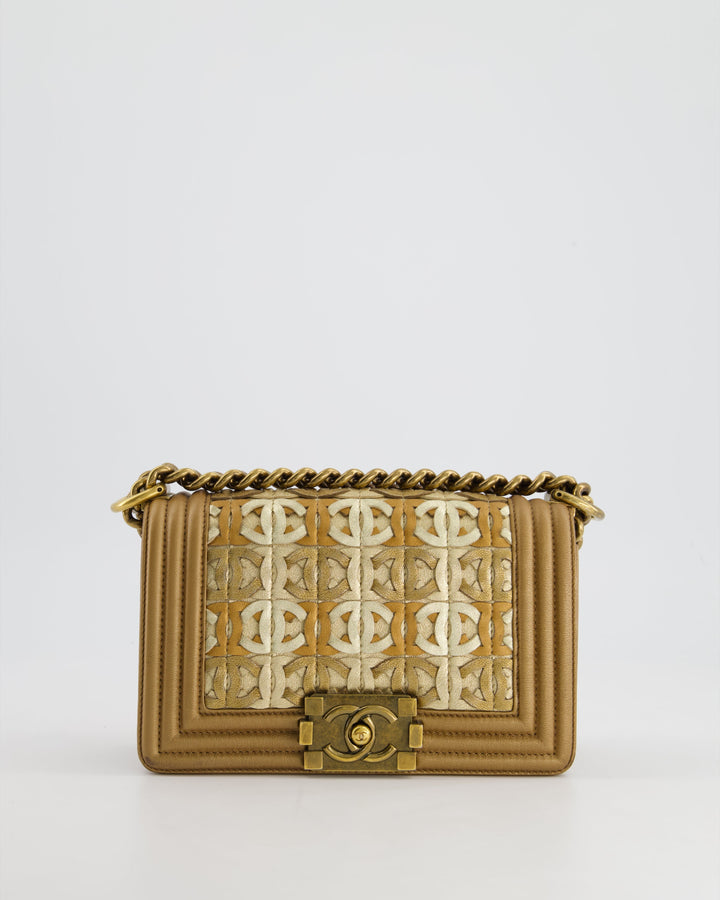 *LIMITED EDITION* Top Quality Chanel Gold Metallic Small Boy Bag In Calfskin Leather with Antique Gold Hardware CC Details