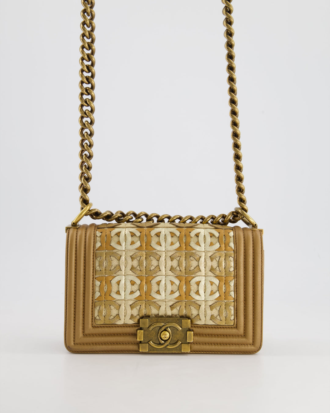 *LIMITED EDITION* Top Quality Chanel Gold Metallic Small Boy Bag In Calfskin Leather with Antique Gold Hardware CC Details