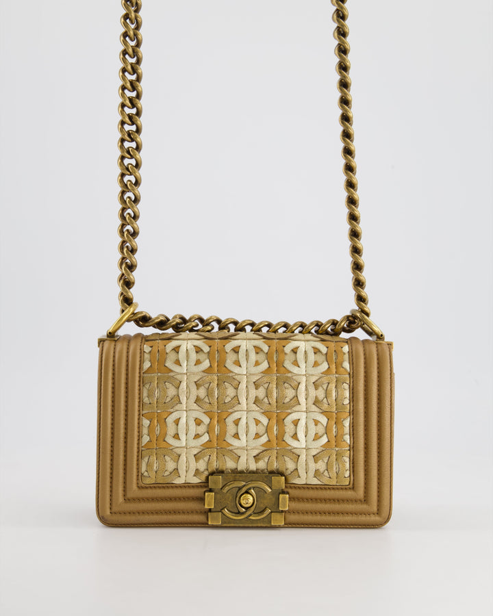 *LIMITED EDITION* Top Quality Chanel Gold Metallic Small Boy Bag In Calfskin Leather with Antique Gold Hardware CC Details