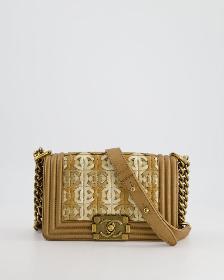 *LIMITED EDITION* Top Quality Chanel Gold Metallic Small Boy Bag In Calfskin Leather with Antique Gold Hardware CC Details