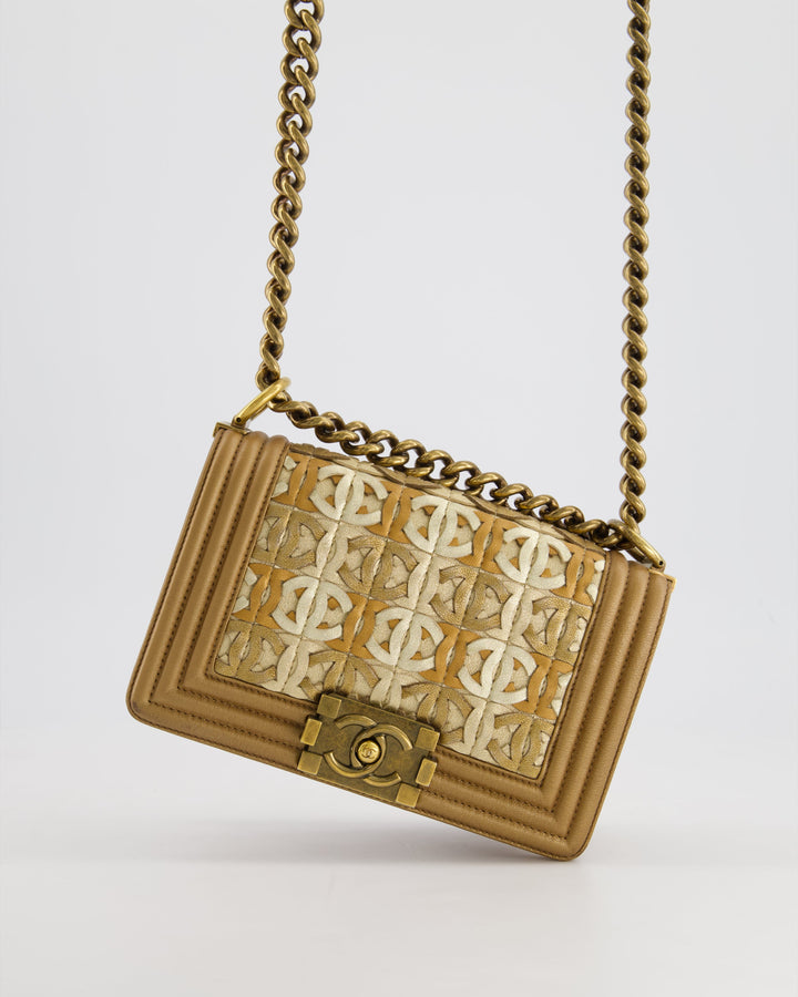 *LIMITED EDITION* Top Quality Chanel Gold Metallic Small Boy Bag In Calfskin Leather with Antique Gold Hardware CC Details