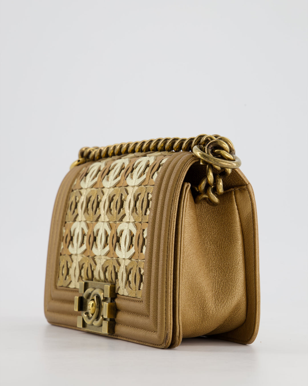 *LIMITED EDITION* Top Quality Chanel Gold Metallic Small Boy Bag In Calfskin Leather with Antique Gold Hardware CC Details