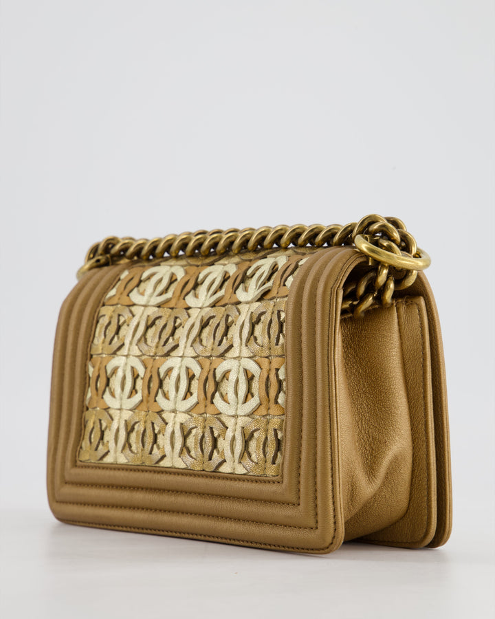 *LIMITED EDITION* Top Quality Chanel Gold Metallic Small Boy Bag In Calfskin Leather with Antique Gold Hardware CC Details