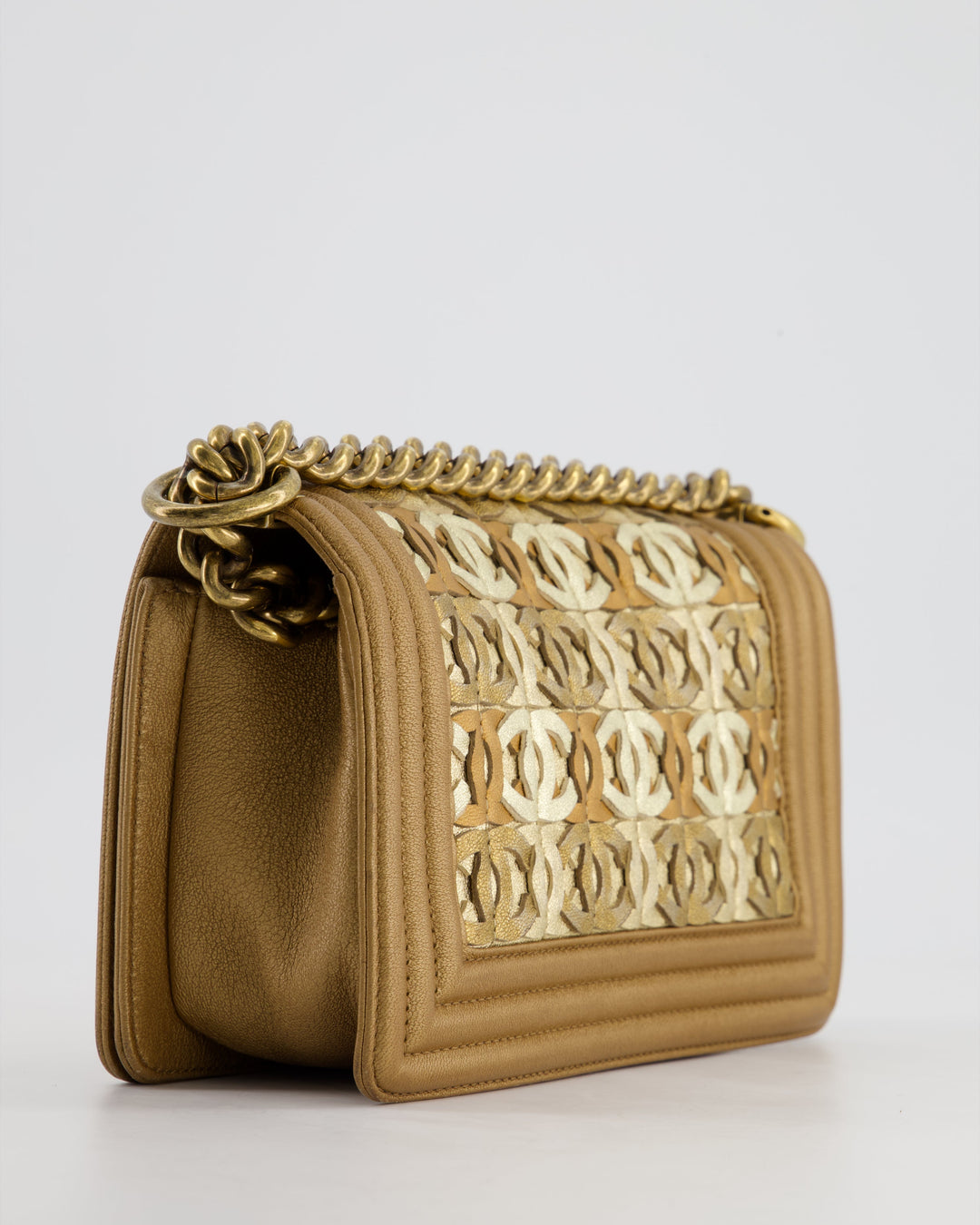 *LIMITED EDITION* Top Quality Chanel Gold Metallic Small Boy Bag In Calfskin Leather with Antique Gold Hardware CC Details