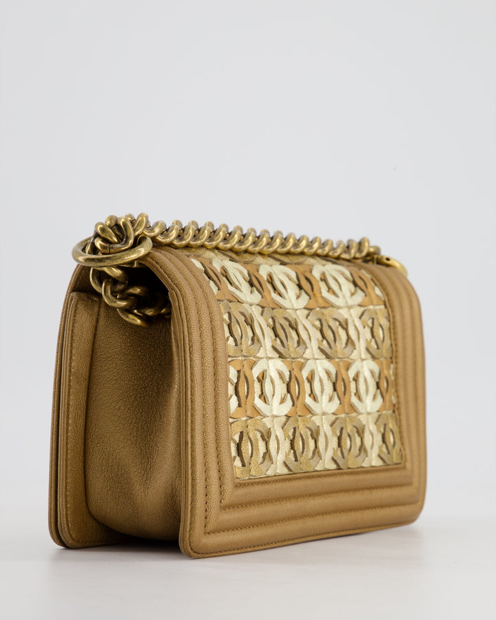 *LIMITED EDITION* Top Quality Chanel Gold Metallic Small Boy Bag In Calfskin Leather with Antique Gold Hardware CC Details