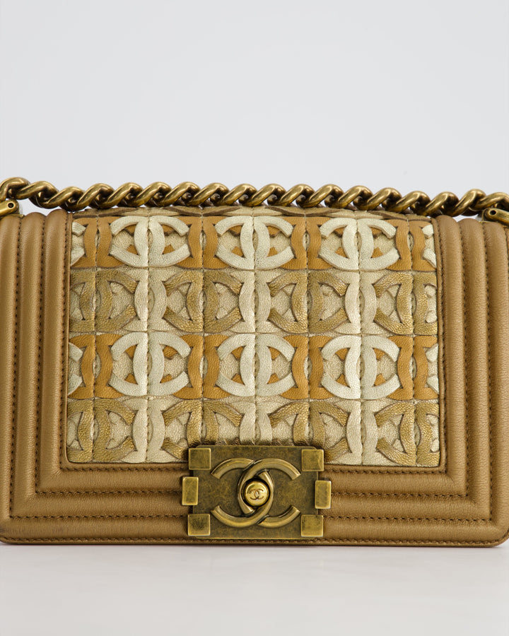 *LIMITED EDITION* Top Quality Chanel Gold Metallic Small Boy Bag In Calfskin Leather with Antique Gold Hardware CC Details