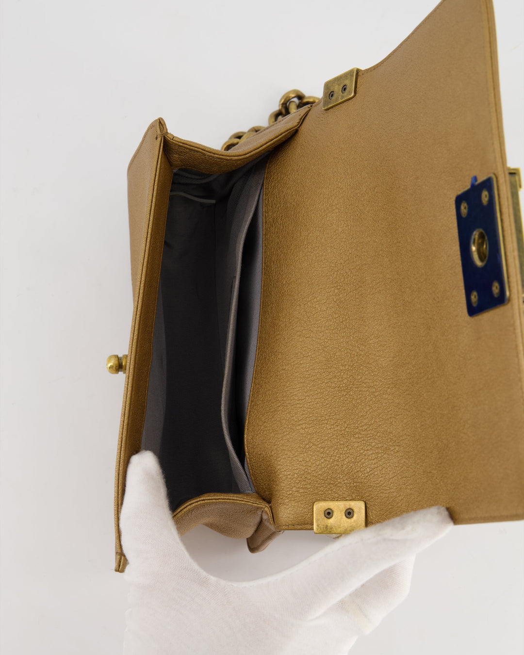 *LIMITED EDITION* Top Quality Chanel Gold Metallic Small Boy Bag In Calfskin Leather with Antique Gold Hardware CC Details