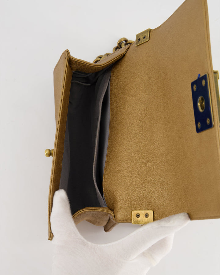 *LIMITED EDITION* Top Quality Chanel Gold Metallic Small Boy Bag In Calfskin Leather with Antique Gold Hardware CC Details