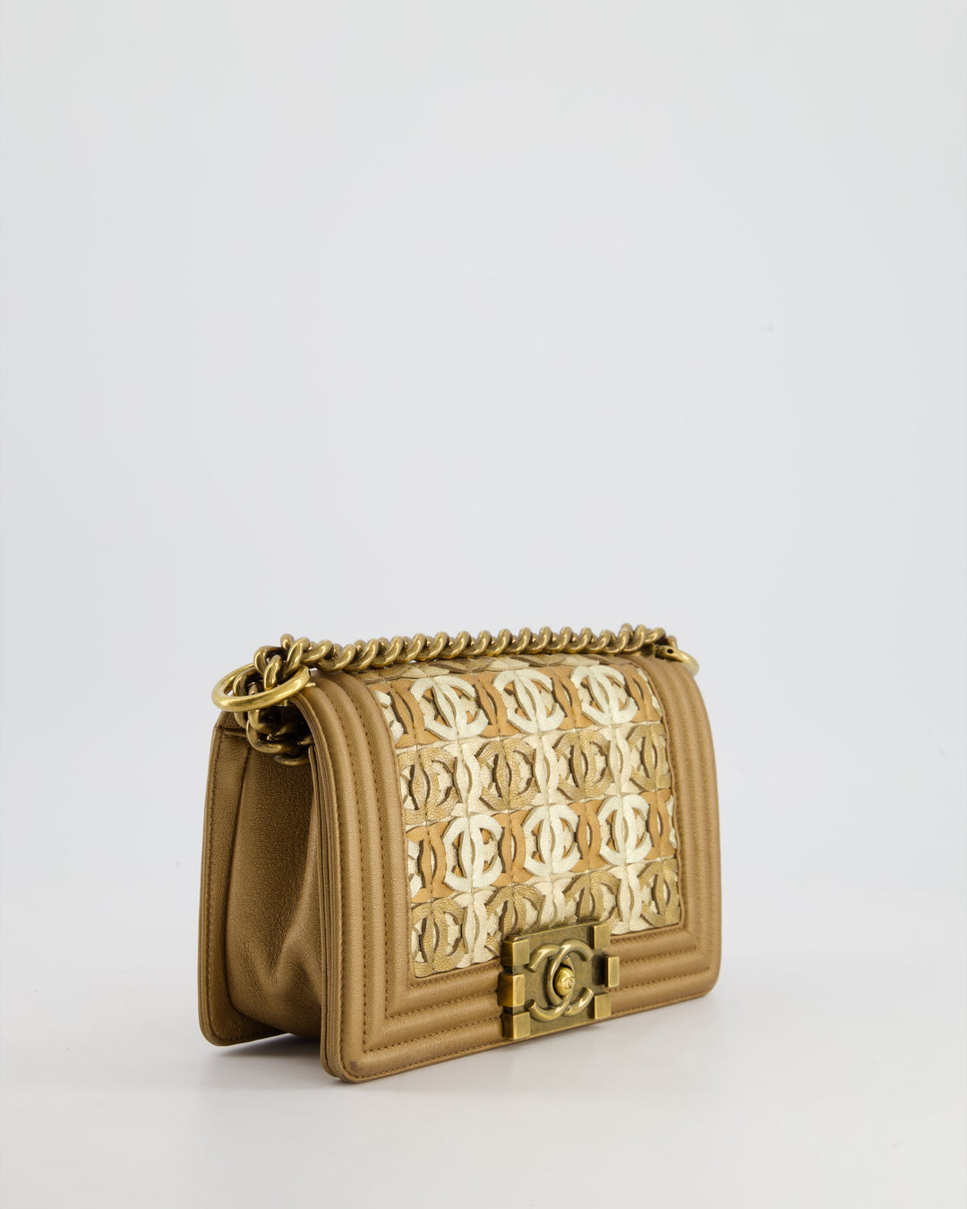*LIMITED EDITION* Top Quality Chanel Gold Metallic Small Boy Bag In Calfskin Leather with Antique Gold Hardware CC Details