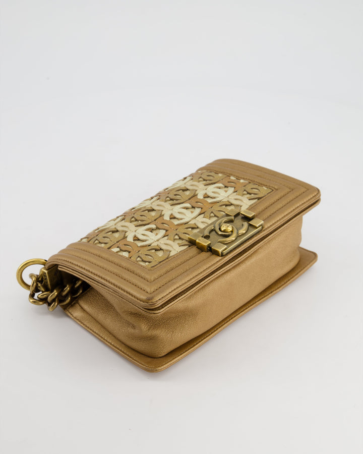 *LIMITED EDITION* Top Quality Chanel Gold Metallic Small Boy Bag In Calfskin Leather with Antique Gold Hardware CC Details