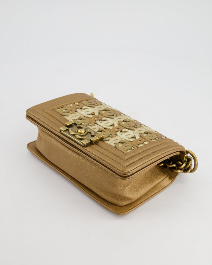 *LIMITED EDITION* Top Quality Chanel Gold Metallic Small Boy Bag In Calfskin Leather with Antique Gold Hardware CC Details