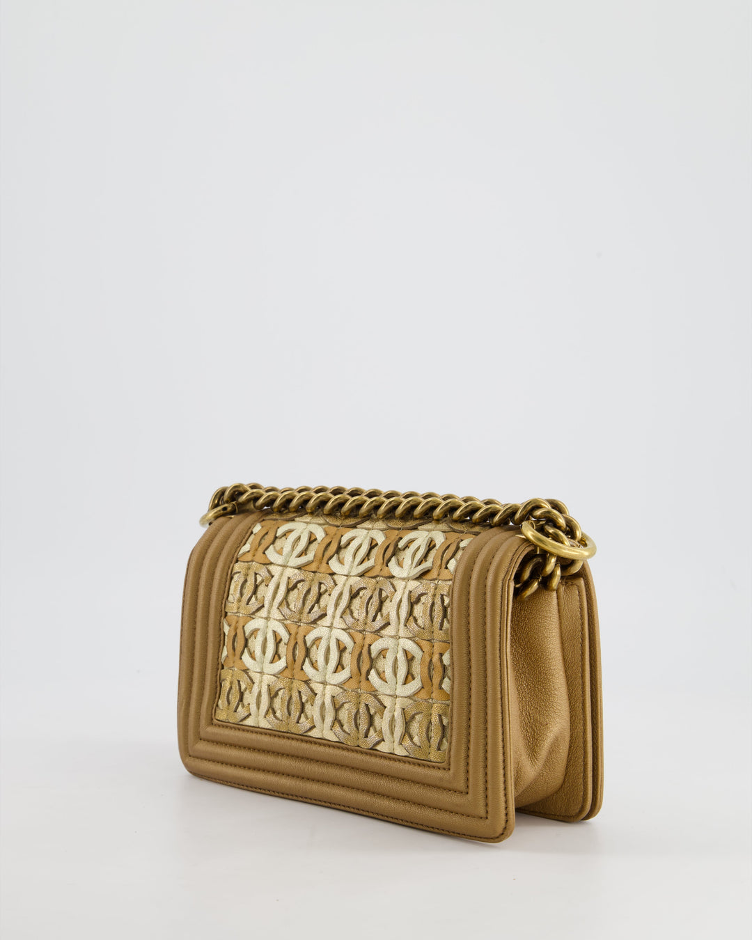 *LIMITED EDITION* Top Quality Chanel Gold Metallic Small Boy Bag In Calfskin Leather with Antique Gold Hardware CC Details