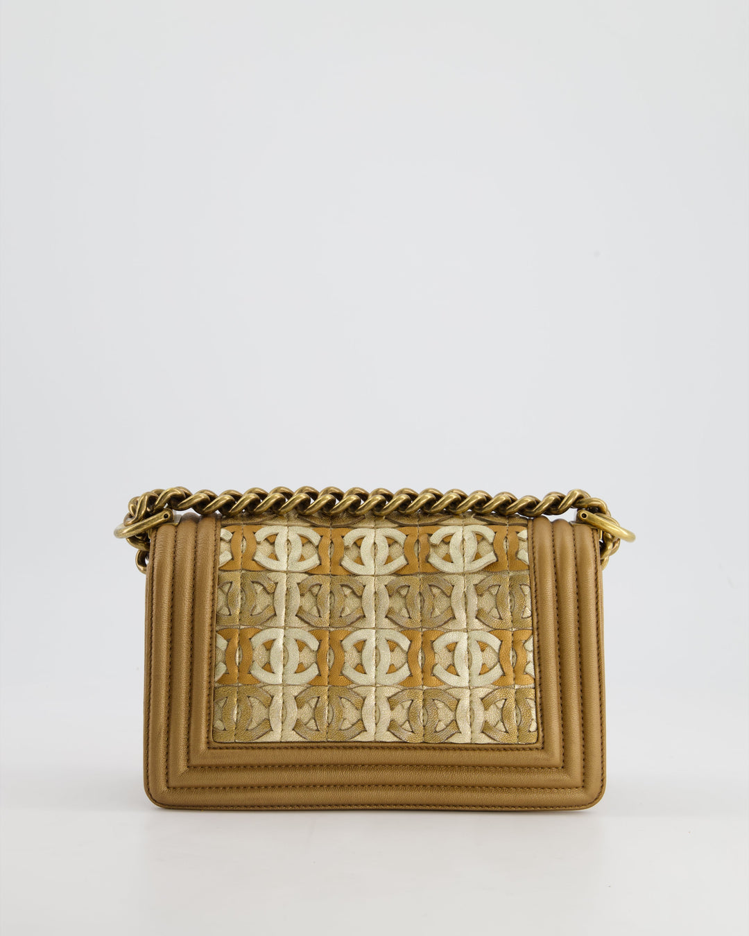 *LIMITED EDITION* Top Quality Chanel Gold Metallic Small Boy Bag In Calfskin Leather with Antique Gold Hardware CC Details