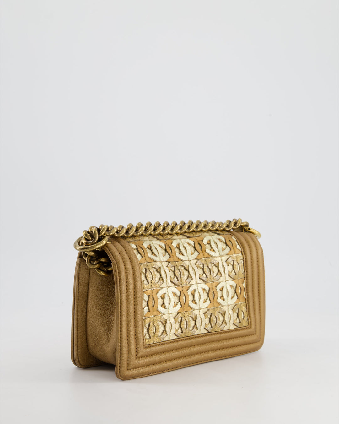 *LIMITED EDITION* Top Quality Chanel Gold Metallic Small Boy Bag In Calfskin Leather with Antique Gold Hardware CC Details