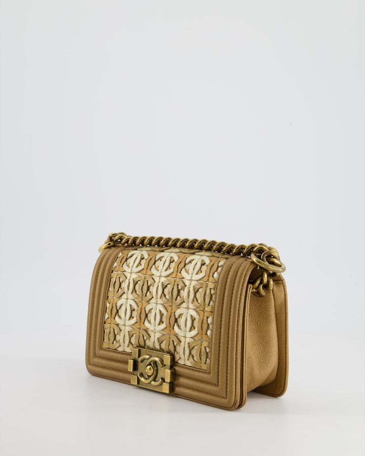 *LIMITED EDITION* Top Quality Chanel Gold Metallic Small Boy Bag In Calfskin Leather with Antique Gold Hardware CC Details