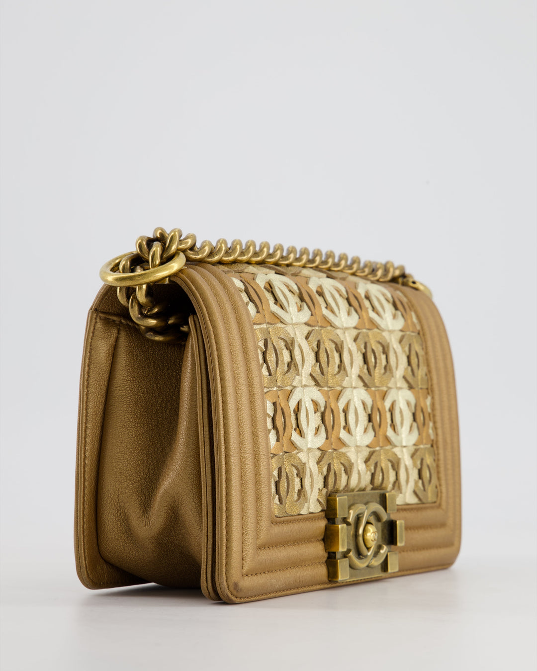 *LIMITED EDITION* Top Quality Chanel Gold Metallic Small Boy Bag In Calfskin Leather with Antique Gold Hardware CC Details