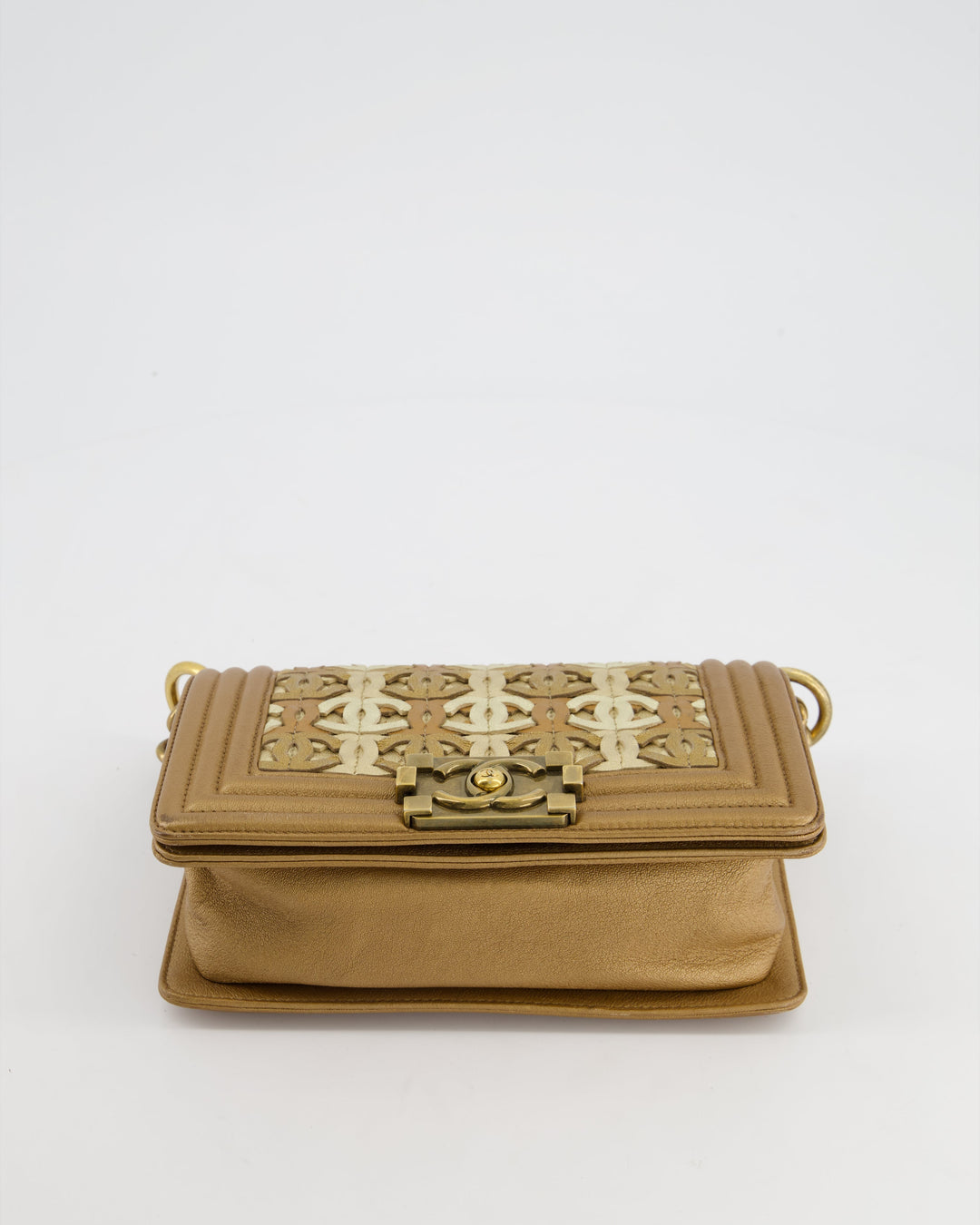 *LIMITED EDITION* Top Quality Chanel Gold Metallic Small Boy Bag In Calfskin Leather with Antique Gold Hardware CC Details