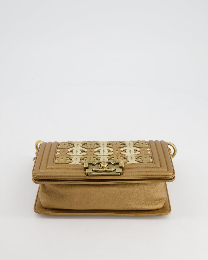 *LIMITED EDITION* Top Quality Chanel Gold Metallic Small Boy Bag In Calfskin Leather with Antique Gold Hardware CC Details