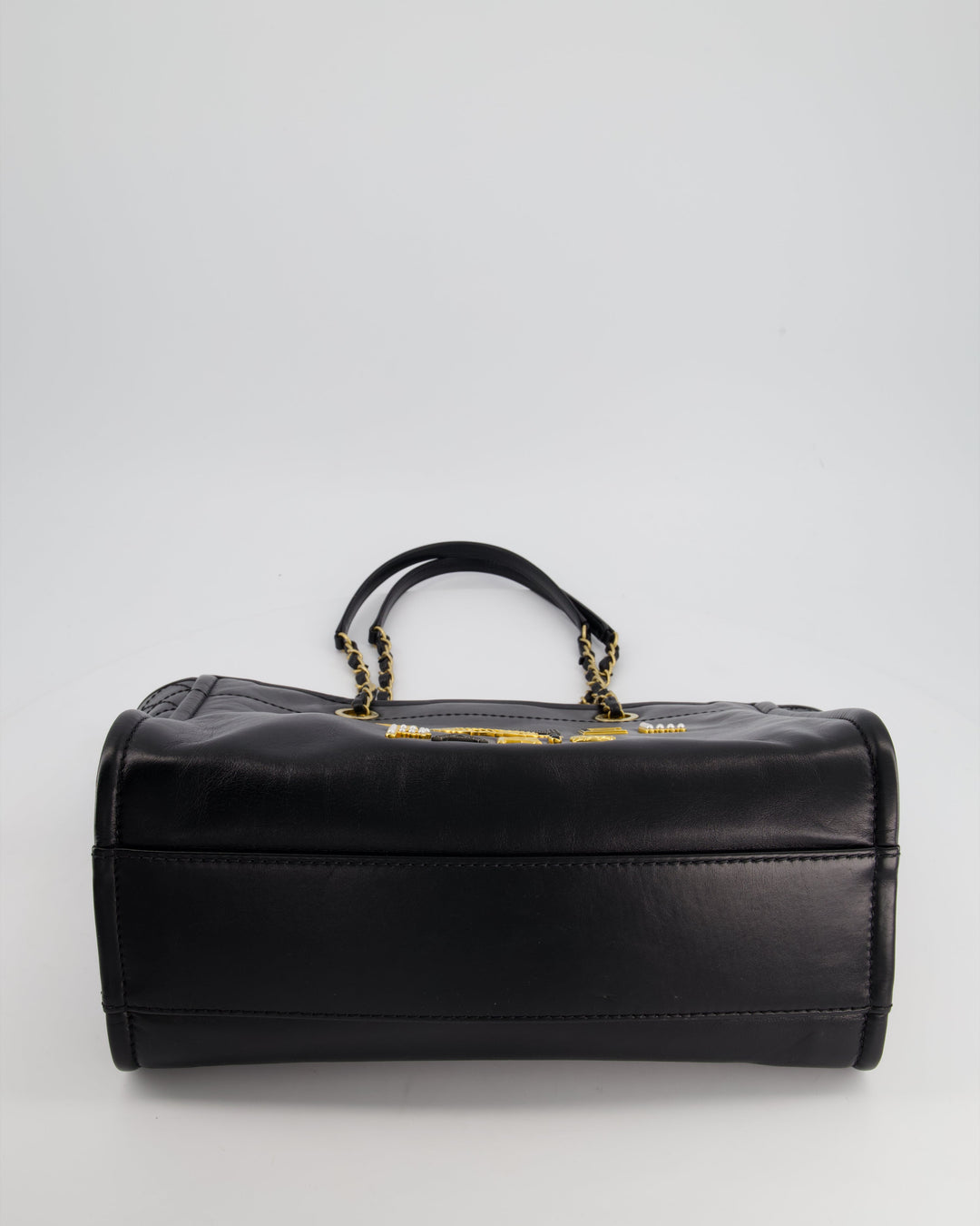 *HOT* Top Quality Chanel Black Small Deauville Tote Bag in Shiny Calfskin Leather with Antique Gold Hardware and Pearl, Crystal Logo Detail