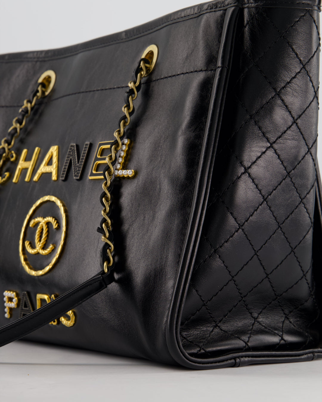 *HOT* Top Quality Chanel Black Small Deauville Tote Bag in Shiny Calfskin Leather with Antique Gold Hardware and Pearl, Crystal Logo Detail