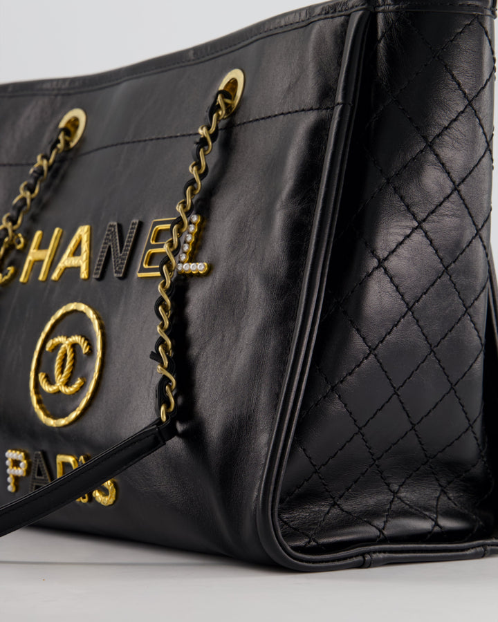 *HOT* Chanel Black Small Deauville Tote Bag in Shiny Calfskin Leather with Antique Gold Hardware and Pearl, Crystal Logo Detail