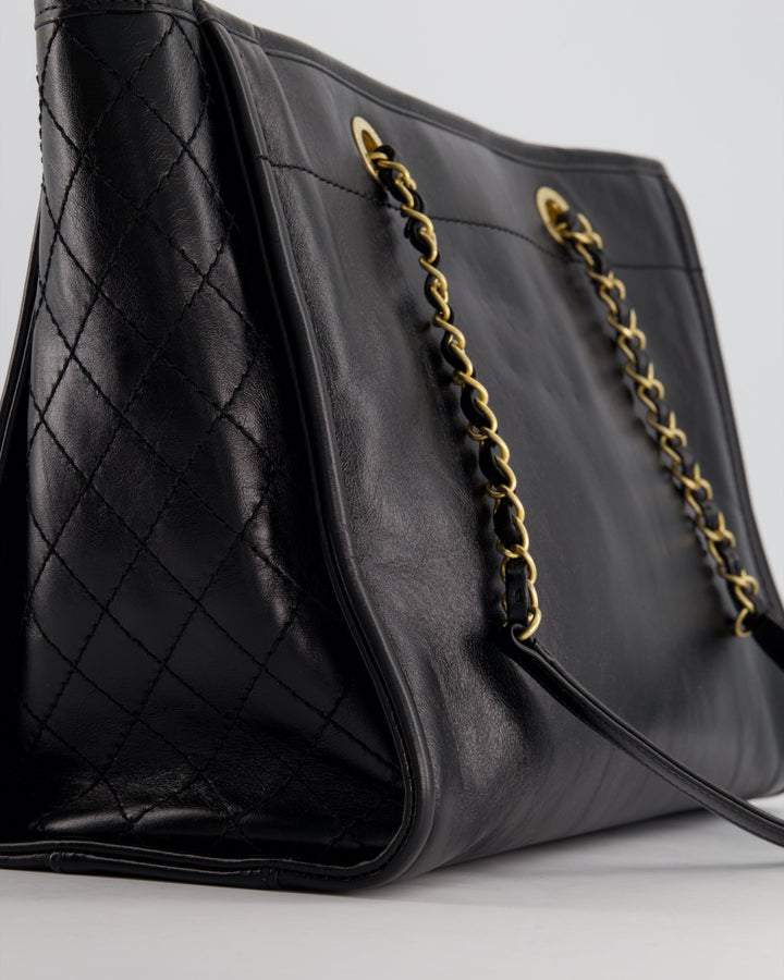 *HOT* Top Quality Chanel Black Small Deauville Tote Bag in Shiny Calfskin Leather with Antique Gold Hardware and Pearl, Crystal Logo Detail