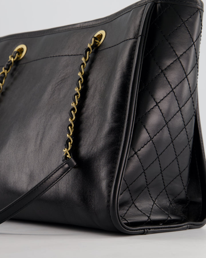 *HOT* Top Quality Chanel Black Small Deauville Tote Bag in Shiny Calfskin Leather with Antique Gold Hardware and Pearl, Crystal Logo Detail
