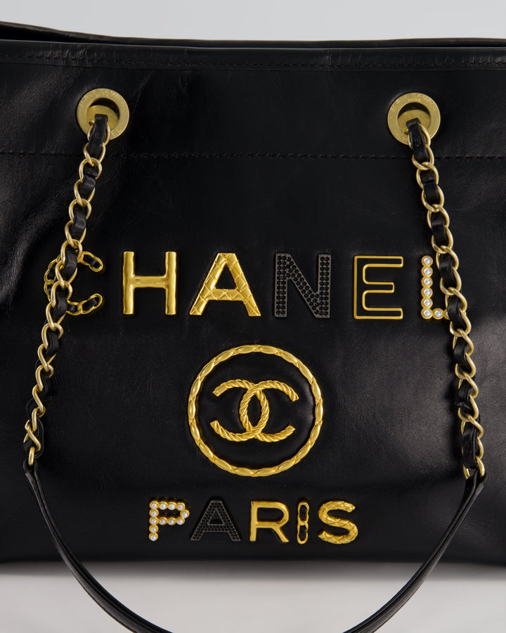 *HOT* Top Quality Chanel Black Small Deauville Tote Bag in Shiny Calfskin Leather with Antique Gold Hardware and Pearl, Crystal Logo Detail