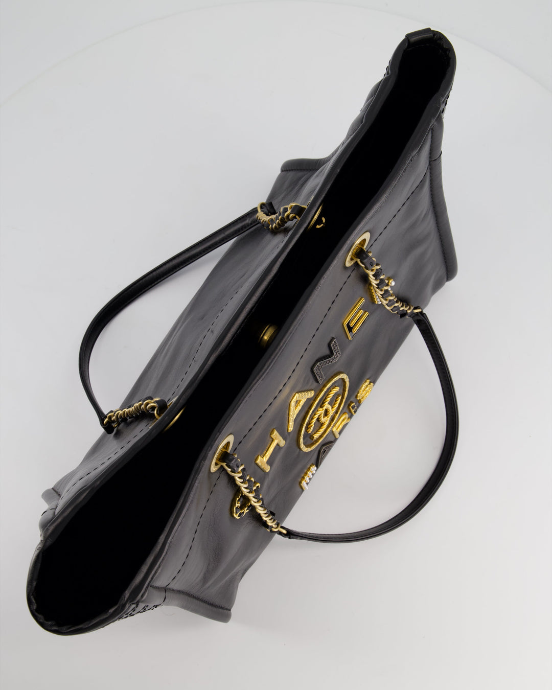 *HOT* Top Quality Chanel Black Small Deauville Tote Bag in Shiny Calfskin Leather with Antique Gold Hardware and Pearl, Crystal Logo Detail