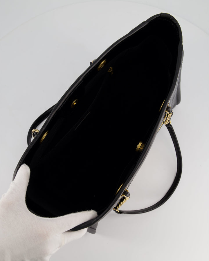*HOT* Top Quality Chanel Black Small Deauville Tote Bag in Shiny Calfskin Leather with Antique Gold Hardware and Pearl, Crystal Logo Detail
