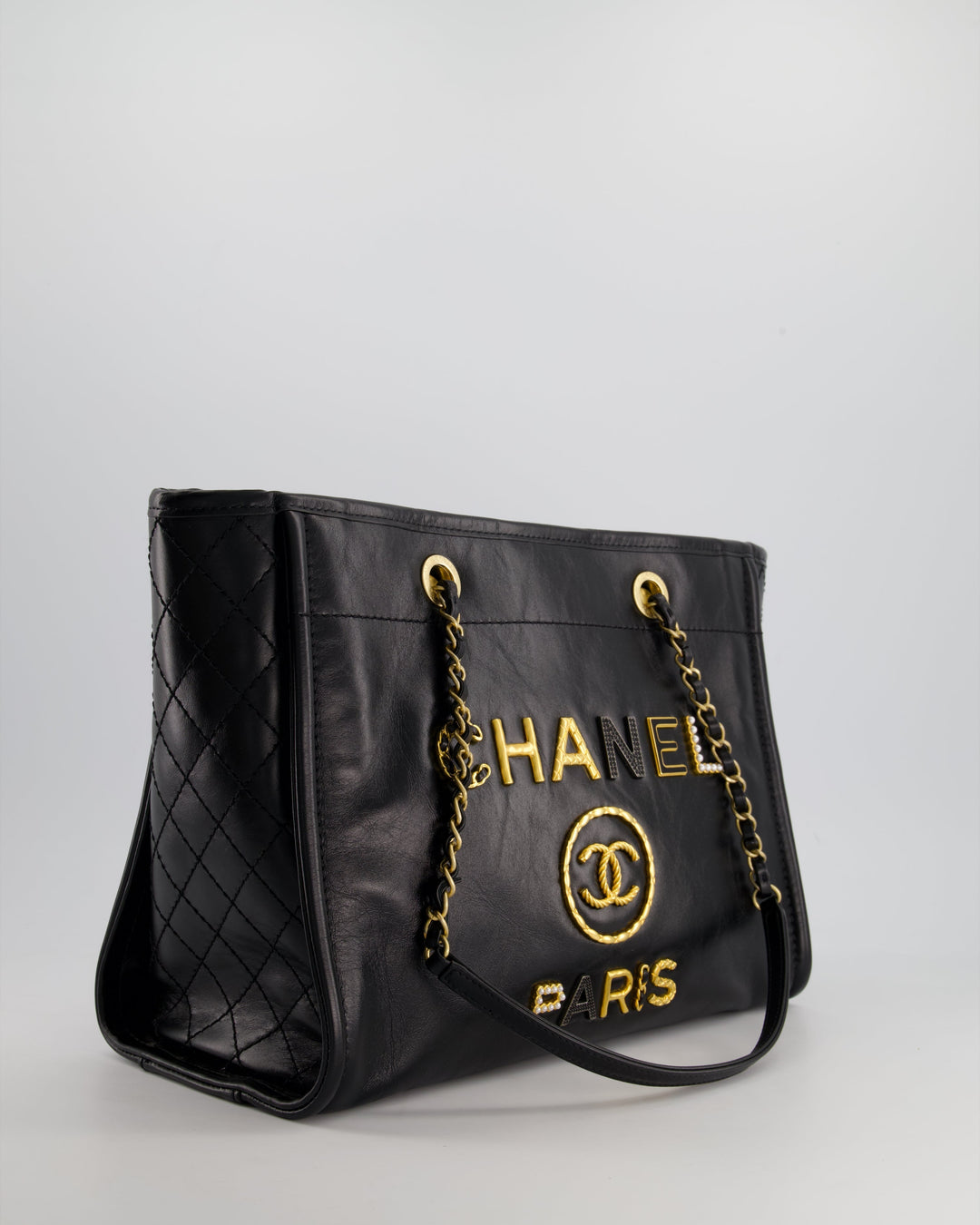 *HOT* Top Quality Chanel Black Small Deauville Tote Bag in Shiny Calfskin Leather with Antique Gold Hardware and Pearl, Crystal Logo Detail