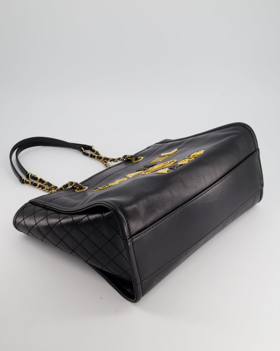 *HOT* Top Quality Chanel Black Small Deauville Tote Bag in Shiny Calfskin Leather with Antique Gold Hardware and Pearl, Crystal Logo Detail
