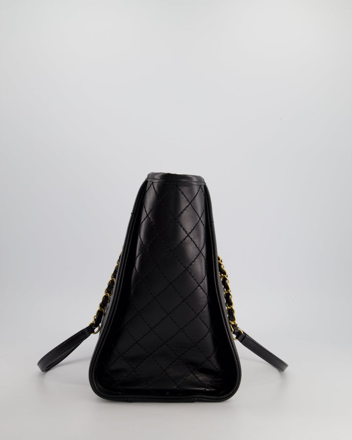 *HOT* Top Quality Chanel Black Small Deauville Tote Bag in Shiny Calfskin Leather with Antique Gold Hardware and Pearl, Crystal Logo Detail