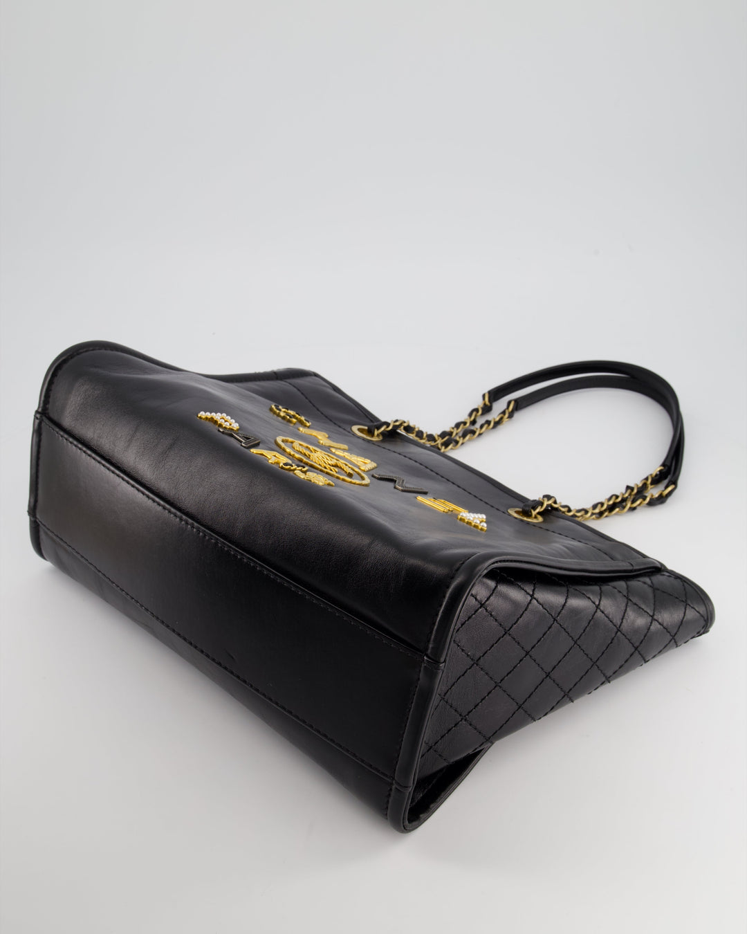 *HOT* Top Quality Chanel Black Small Deauville Tote Bag in Shiny Calfskin Leather with Antique Gold Hardware and Pearl, Crystal Logo Detail