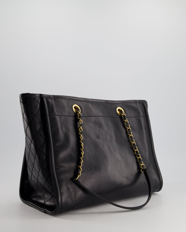 *HOT* Top Quality Chanel Black Small Deauville Tote Bag in Shiny Calfskin Leather with Antique Gold Hardware and Pearl, Crystal Logo Detail