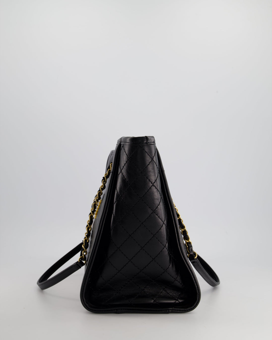 *HOT* Top Quality Chanel Black Small Deauville Tote Bag in Shiny Calfskin Leather with Antique Gold Hardware and Pearl, Crystal Logo Detail