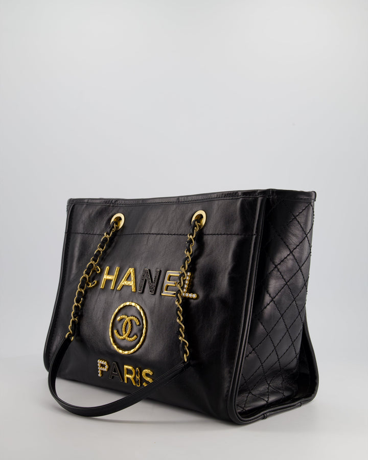 *HOT* Top Quality Chanel Black Small Deauville Tote Bag in Shiny Calfskin Leather with Antique Gold Hardware and Pearl, Crystal Logo Detail