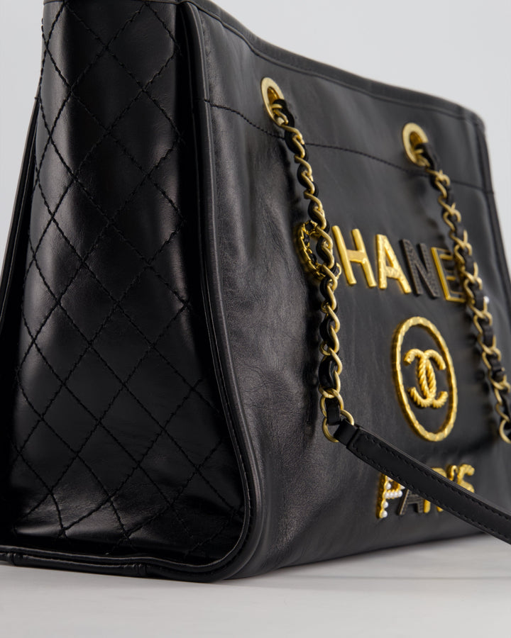 *HOT* Top Quality Chanel Black Small Deauville Tote Bag in Shiny Calfskin Leather with Antique Gold Hardware and Pearl, Crystal Logo Detail