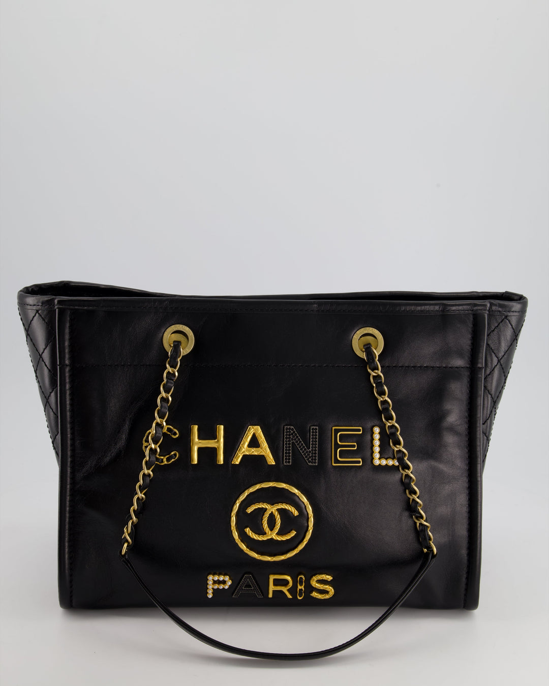 *HOT* Top Quality Chanel Black Small Deauville Tote Bag in Shiny Calfskin Leather with Antique Gold Hardware and Pearl, Crystal Logo Detail