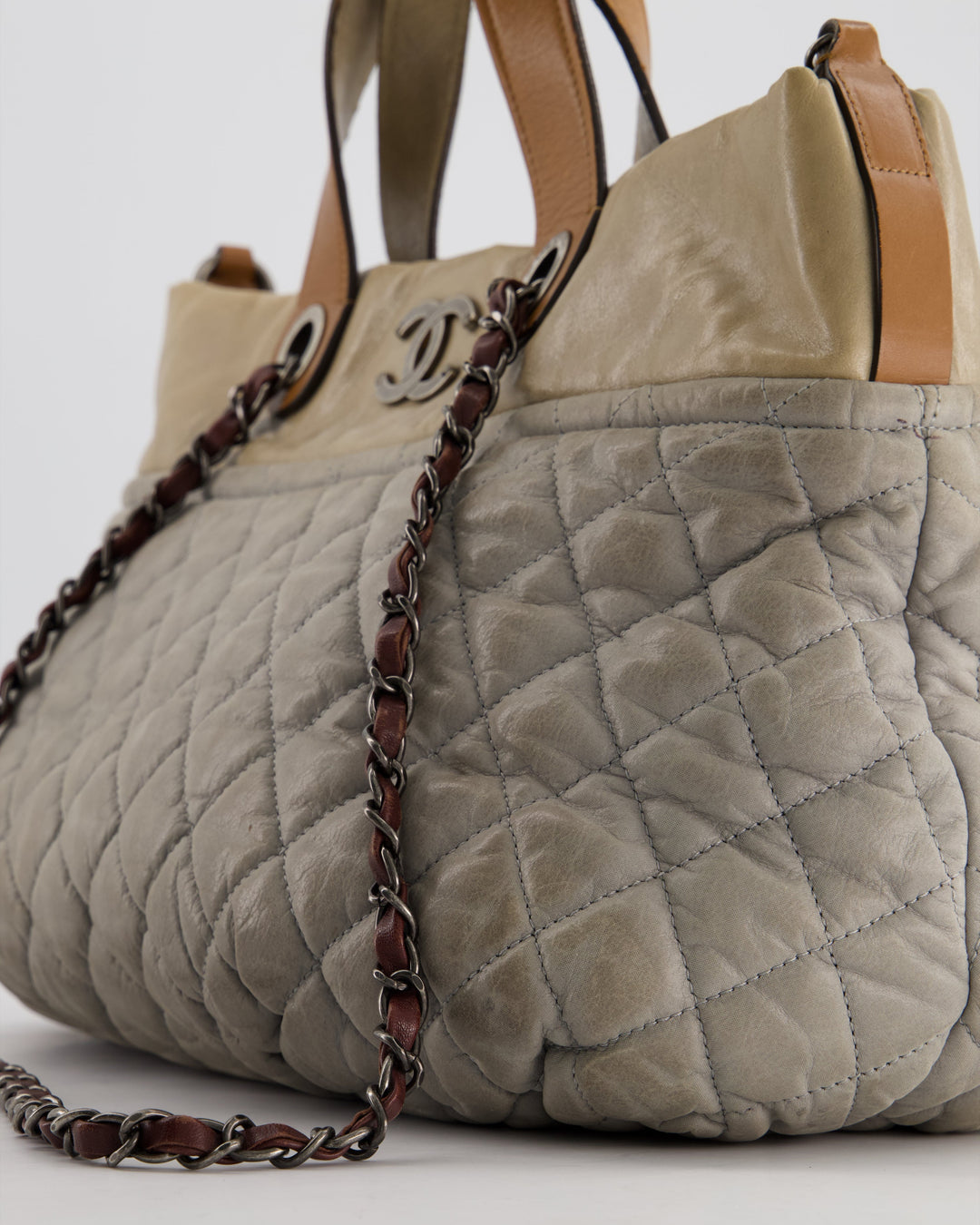 Top Quality Chanel Stormy Grey Nubuck Leather Portobello Tote Bag with Tan Leather Handle and Ruthenium Hardware